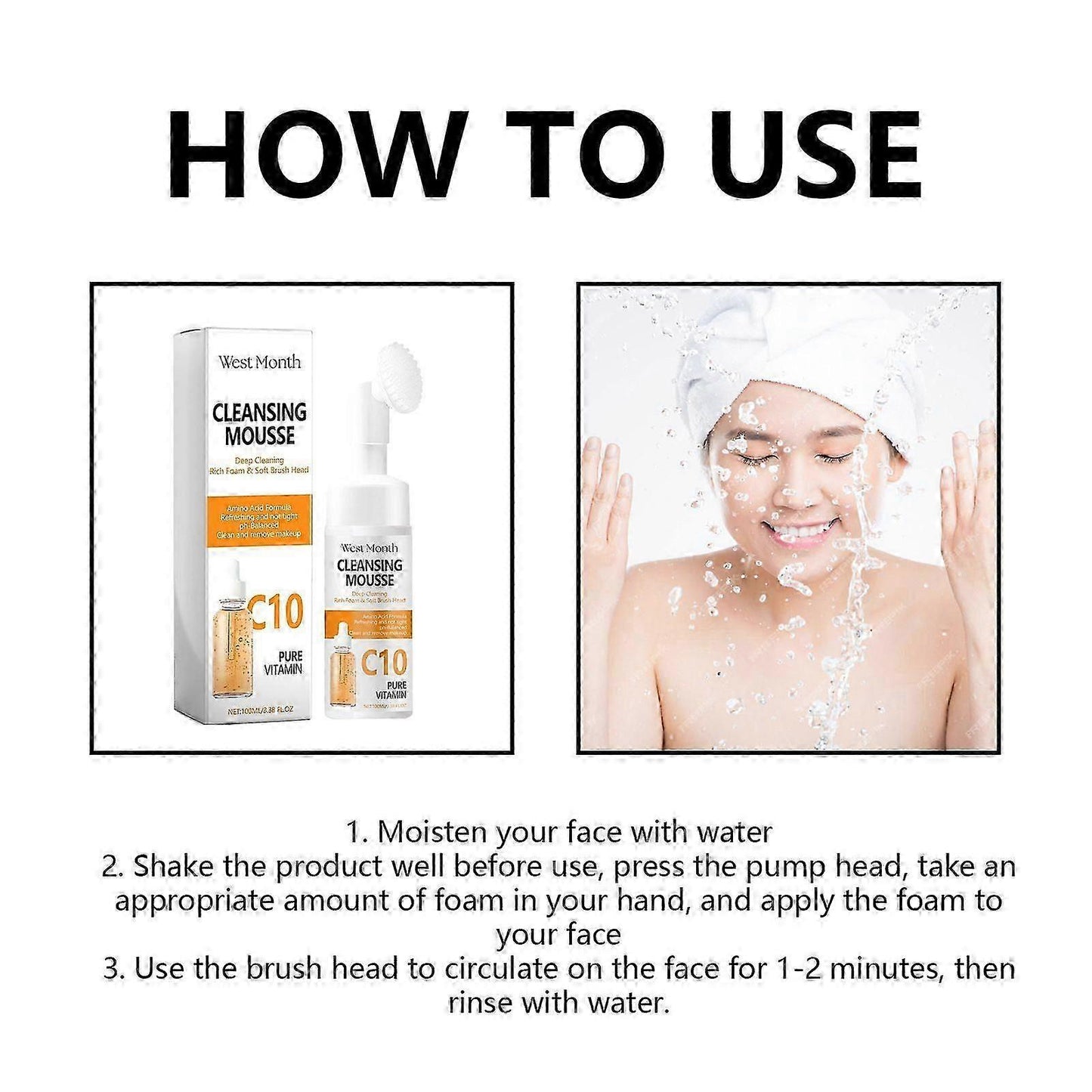 Facial Cleanser C10 Vitamin Face Wash for Gently Cleaning Pores Exfoliate Hyaluronic Acid Brightening Foaming Face Wash Daily Makeup Cleansing Mousse Deep Cleaning Rich Foam & Soft Brush Head