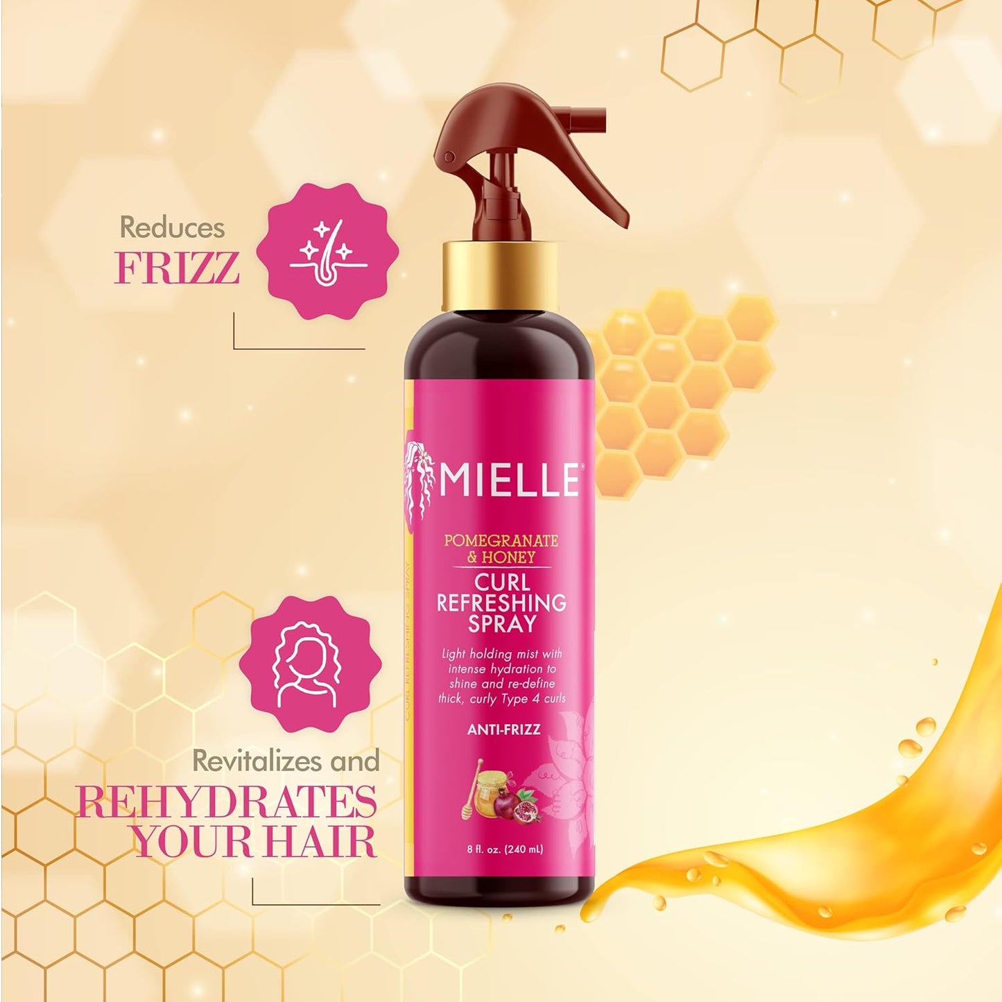 Mielle Organics Pomegranate & Honey Curl Refreshing Spray, Moisturizing Defining Mist For Thick Curly Hair Type 4 Hair, Treatment For Volume, Shine, & Frizz Control, 8-Fluid Ounces BuyIt.lb