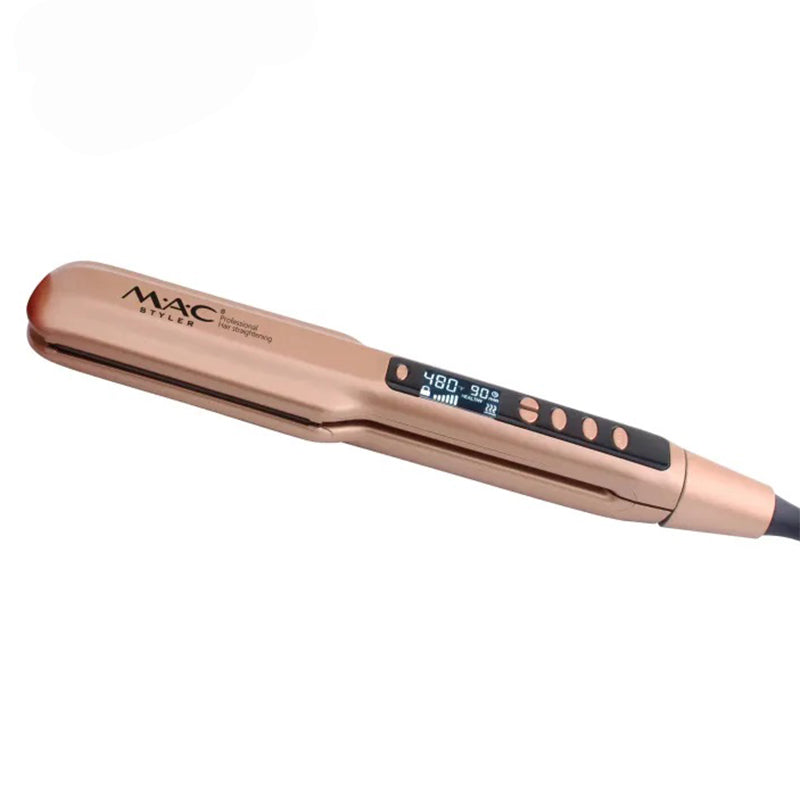 Rose gold hair straightener with digital display on a white background