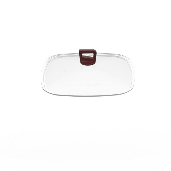 Clear glass lid with brown handle on a white background