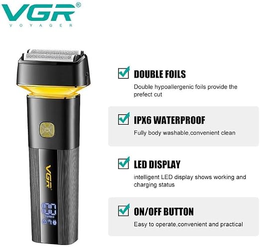VGR V-355 Premium Cordless Rechargeable IPX6 Fully Waterproof 3 Razor Electric Shaver Wet & Dry Shaver for Face Care Beard Trimmer Super-Fast Charge 100 minutes Runtime with LED Digital Display