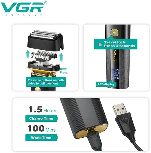 VGR V-355 Premium Cordless Rechargeable IPX6 Fully Waterproof 3 Razor Electric Shaver Wet & Dry Shaver for Face Care Beard Trimmer Super-Fast Charge 100 minutes Runtime with LED Digital Display
