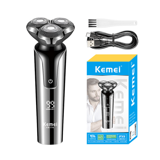 Kemei KM-774 Men's Electric Shaver, IPX4 Waterproof, Complete with LCD Screen and Three-Blade Floating Head