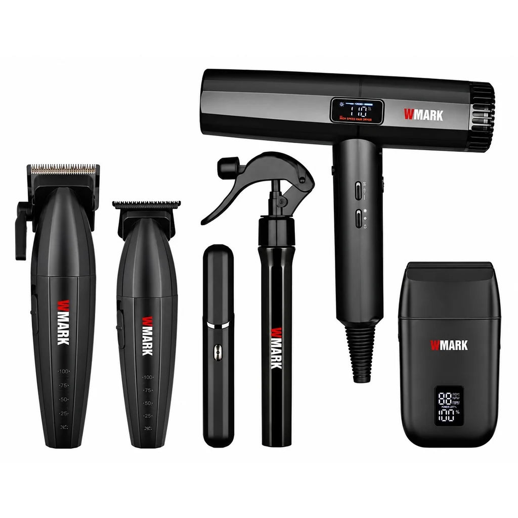 WMark 6-IN-1 Pro Barber Hair Cut Kit Clipper Trimmer Shaver Dryer Grooming Black