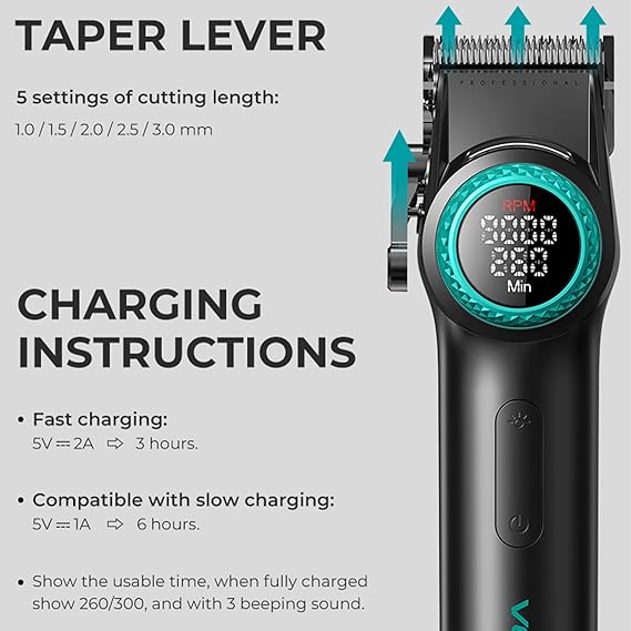 VGR 001 Professional Hair Clippers for Men, Cordless Barber Clippers for Hair Cutting, Carbon Steel Blade Hair Trimmers for Barbers, 9000RPM, LED Display, Black,