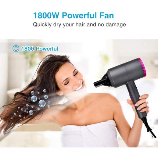 Ionic Hair Dryer, 1800W Fast Dry, 2 Nozzles & 1 Diffuser, 3 Temps & 2 Speed, Plug Charge