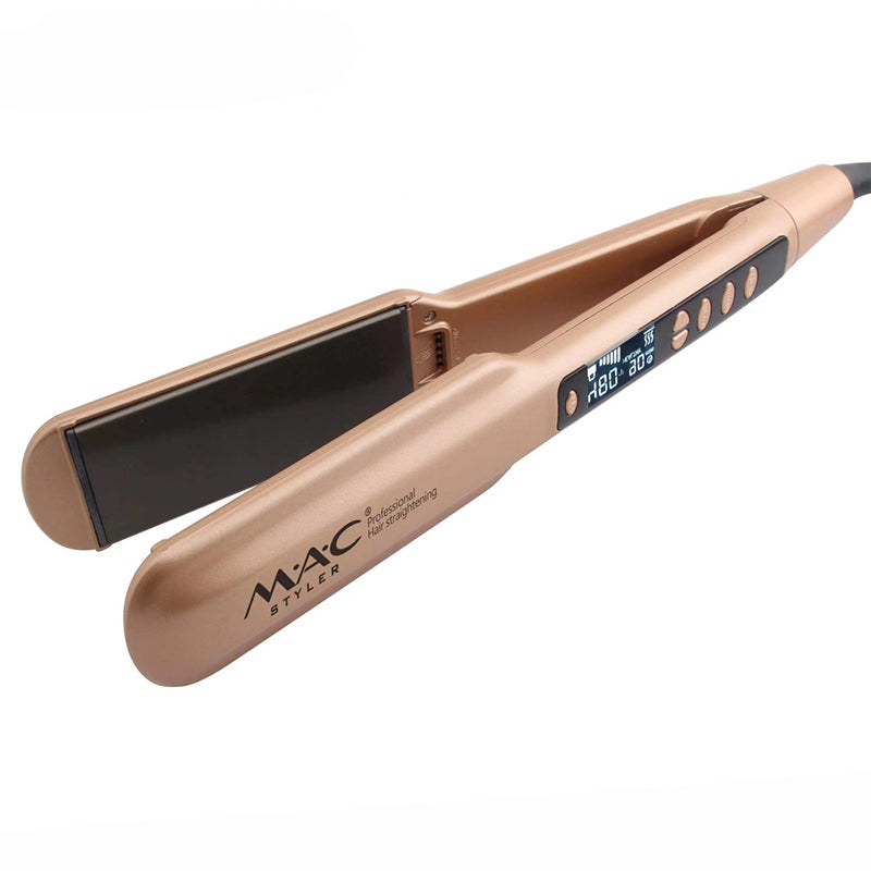 Rose gold hair straightener with digital display on a white background