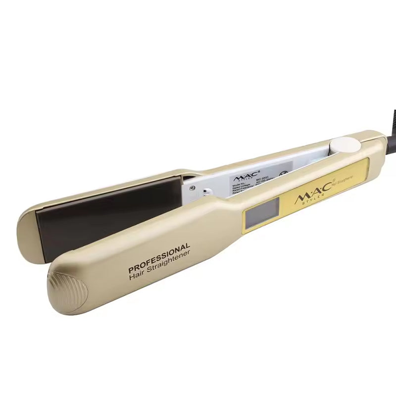 Beige hair straightener with 'MAC' branding on a white background