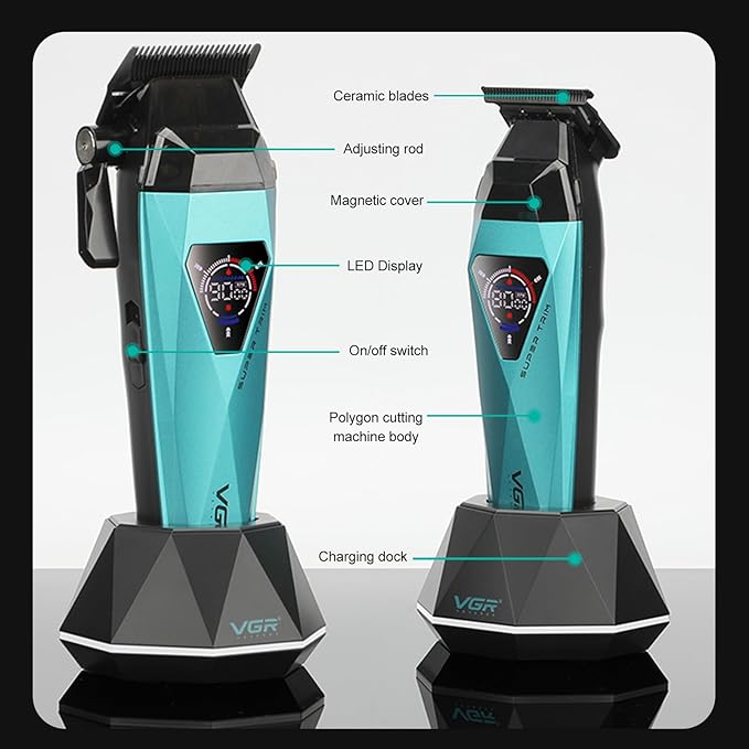 VGR 877S2 Professional Hair Clippers for Men, 2-in-1 Cordless Clipper & Trimmer Kit with 9000 RPM Motor, USB-C Rechargeable with Charging Base, LED Display for Barbers and Home Use,