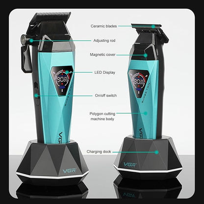 VGR 877S2 Professional Hair Clippers for Men, 2-in-1 Cordless Clipper & Trimmer Kit with 9000 RPM Motor, USB-C Rechargeable with Charging Base, LED Display for Barbers and Home Use,