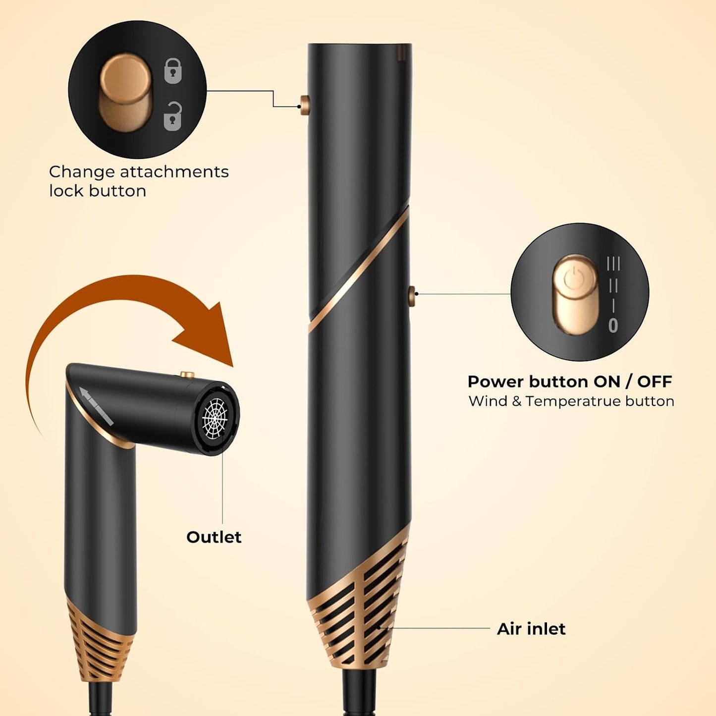 6 in 1 Hair Dryer Brush, Foldable Blow Dryer Brush Magic Styler, Detachable Airstyler Curling, Drying,Volumizing, Straightening, Negative Ionic Hair Dryer with Diffuser, Hair Styling Tools(Black)