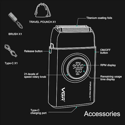 VGR Electric Shaver 378 Triple Floating Blade Aluminum 9000RPM Motor Titanium Bald Razor with LED Display