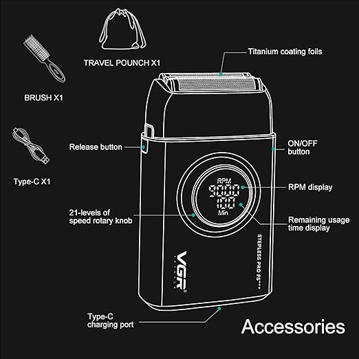 VGR Electric Shaver 378 Triple Floating Blade Aluminum 9000RPM Motor Titanium Bald Razor with LED Display