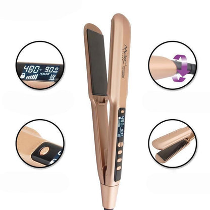 Rose gold hair straightener with digital display and insets showing features on a white background