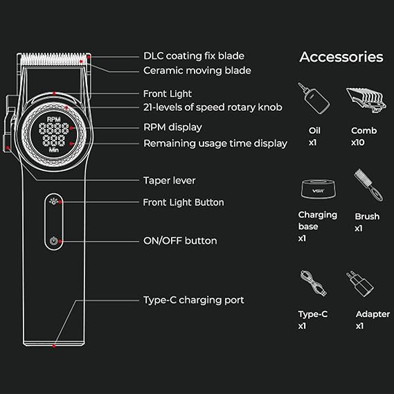 VGR 001 Professional Hair Clippers for Men, Cordless Barber Clippers for Hair Cutting, Carbon Steel Blade Hair Trimmers for Barbers, 9000RPM, LED Display, Black,