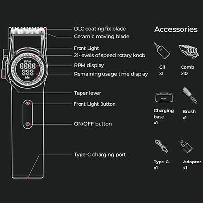 VGR 001 Professional Hair Clippers for Men, Cordless Barber Clippers for Hair Cutting, Carbon Steel Blade Hair Trimmers for Barbers, 9000RPM, LED Display, Black,