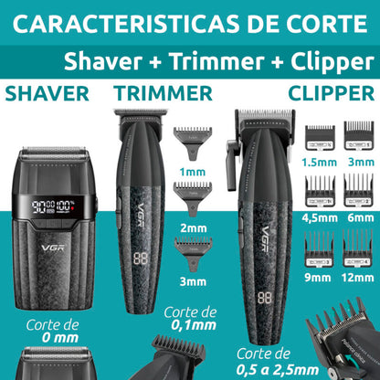 VGR 640 S3 Professional Men's Hair Clipper, 3-in-1 Cordless Barber Kit with Hair Clipper, Precision Trimmer, Foil Shaver, LED Display, USB Charging, Ceramic Blades,