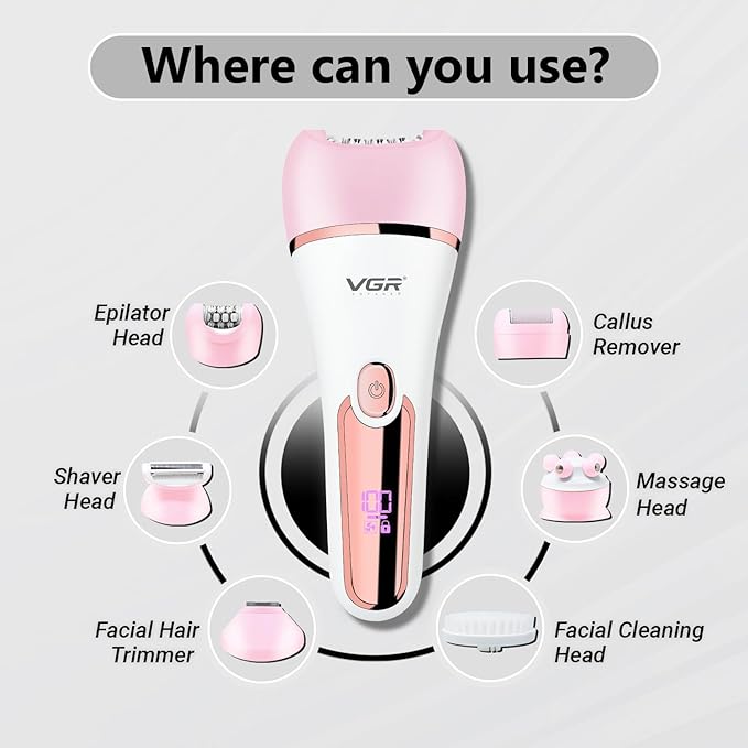 VGR V-733 Professional Ladies Grooming Kit,Epilator for women 6 in 1 lady care set,LED Display,90min Runtime &600mAh Lithium Battery IPX 7 Waterproof