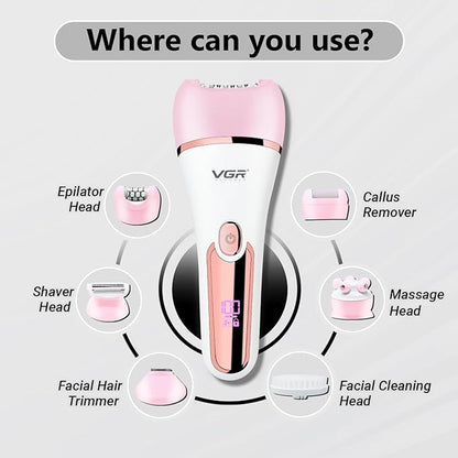 VGR V-733 Professional Ladies Grooming Kit,Epilator for women 6 in 1 lady care set,LED Display,90min Runtime &600mAh Lithium Battery IPX 7 Waterproof