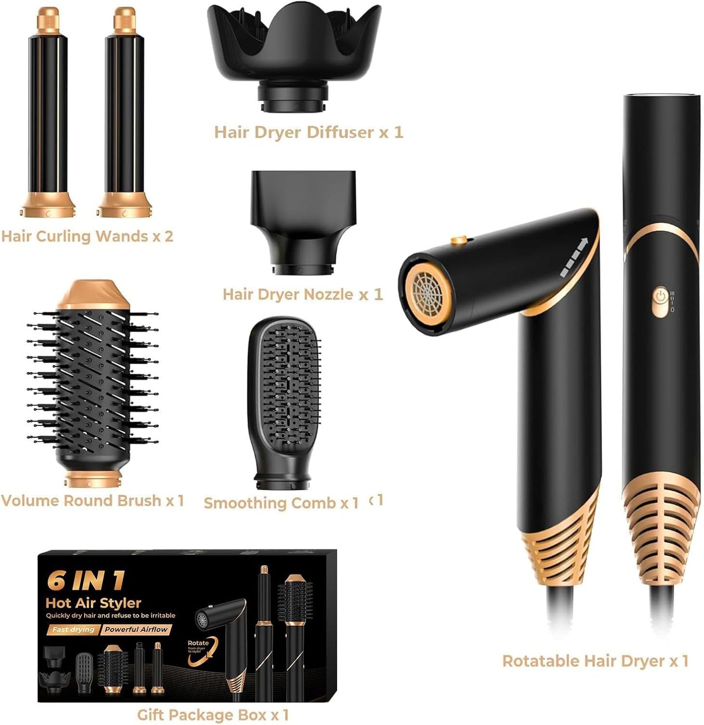6 in 1 Hair Dryer Brush, Foldable Blow Dryer Brush Magic Styler, Detachable Airstyler Curling, Drying,Volumizing, Straightening, Negative Ionic Hair Dryer with Diffuser, Hair Styling Tools(Black)