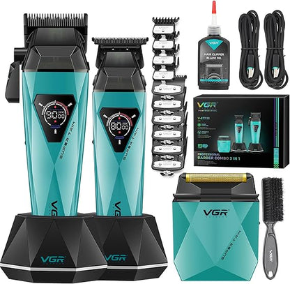 VGR 877S3 Hair Clippers for Men, Professional Hair Cutting Kit with LED Display & Charging Base, Cordless Barber Clippers with Turbo High-Speed 9000RPM Motor, All-in-One Grooming Set