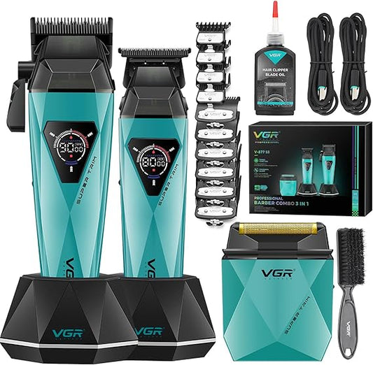 VGR 877S3 Hair Clippers for Men, Professional Hair Cutting Kit with LED Display & Charging Base, Cordless Barber Clippers with Turbo High-Speed 9000RPM Motor, All-in-One Grooming Set