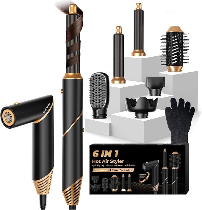 6 in 1 Hair Dryer Brush, Foldable Blow Dryer Brush Magic Styler, Detachable Airstyler Curling, Drying,Volumizing, Straightening, Negative Ionic Hair Dryer with Diffuser, Hair Styling Tools(Black)