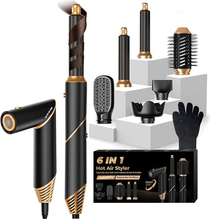 6 in 1 Hair Dryer Brush, Foldable Blow Dryer Brush Magic Styler, Detachable Airstyler Curling, Drying,Volumizing, Straightening, Negative Ionic Hair Dryer with Diffuser, Hair Styling Tools(Black)