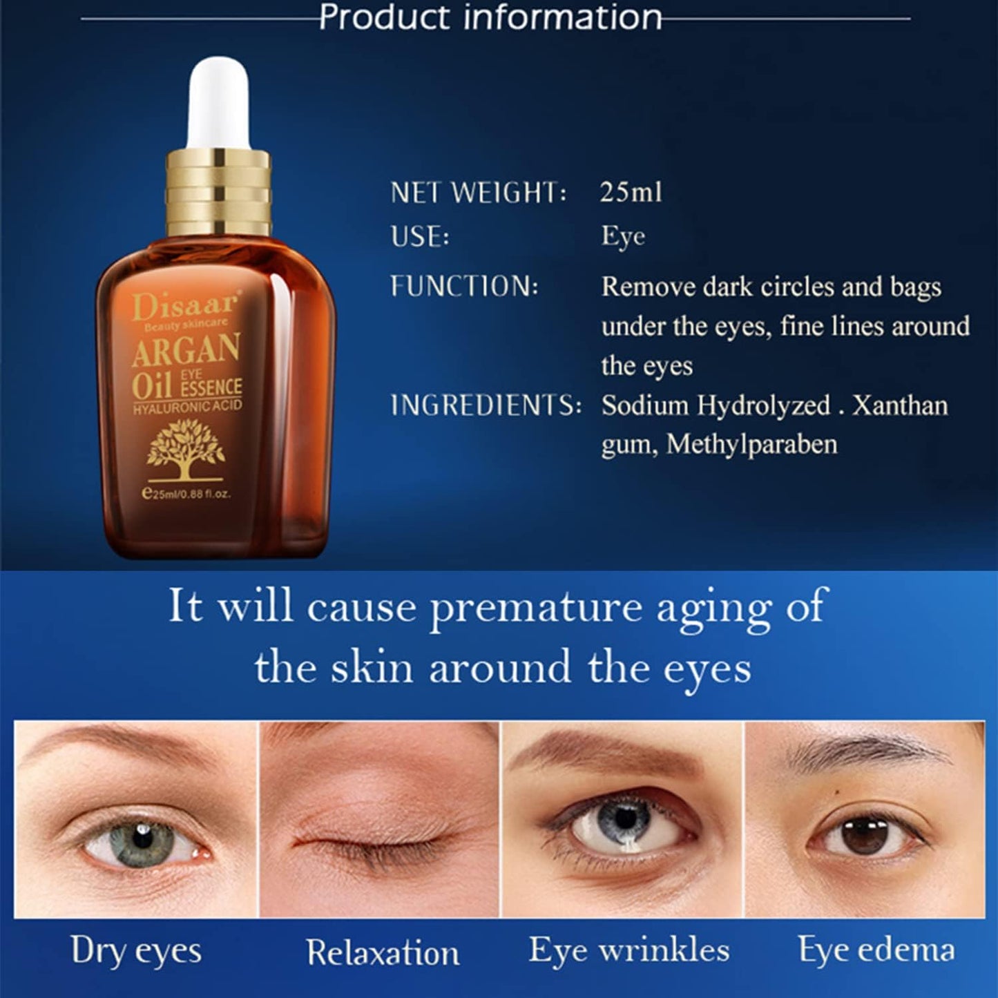 DISAAR BEAUTY Argan Oil Eye Essence Hyaluronic Acid Anti-Wrinkle Anti-Aging Remove Eyes Pouch 25ml/0.88fl.oz