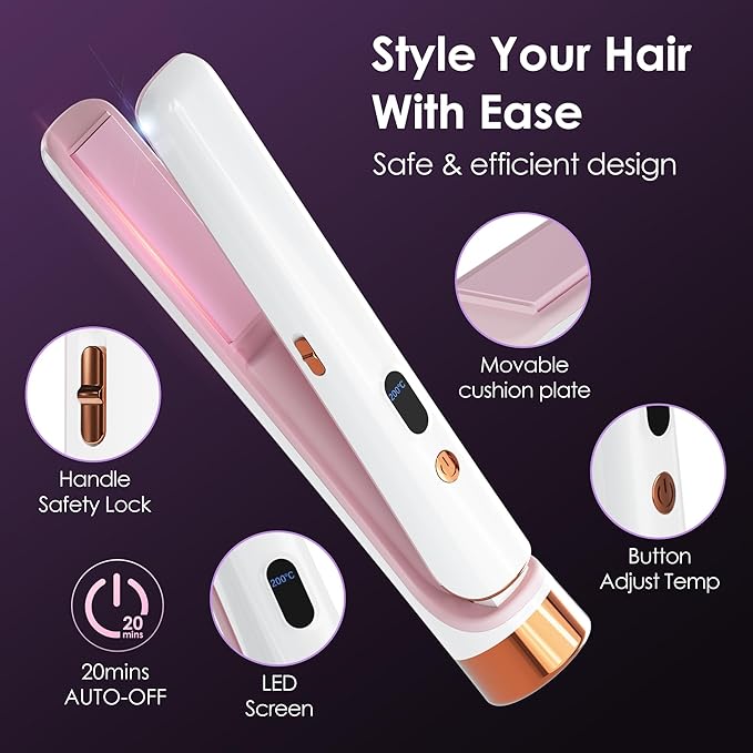 Cordless Hair Straightener Portable Travel Rechargeable Flat Iron, Fast Heating, Adjustable Temperature for Professional Straightening & Curling – Portable and Travel-Friendly (White) (White)
