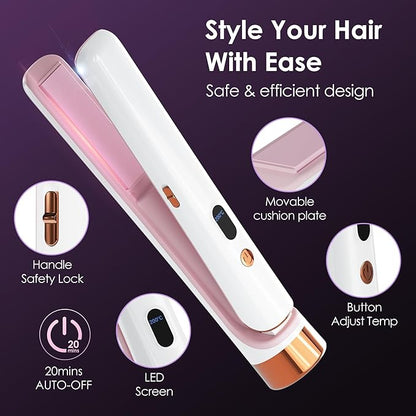 Cordless Hair Straightener Portable Travel Rechargeable Flat Iron, Fast Heating, Adjustable Temperature for Professional Straightening & Curling – Portable and Travel-Friendly (White) (White)