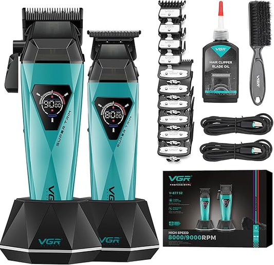 VGR 877S2 Professional Hair Clippers for Men, 2-in-1 Cordless Clipper & Trimmer Kit with 9000 RPM Motor, USB-C Rechargeable with Charging Base, LED Display for Barbers and Home Use,