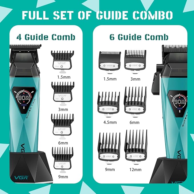 VGR 877S2 Professional Hair Clippers for Men, 2-in-1 Cordless Clipper & Trimmer Kit with 9000 RPM Motor, USB-C Rechargeable with Charging Base, LED Display for Barbers and Home Use,