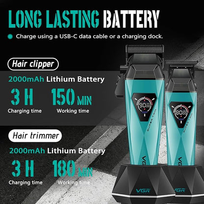 VGR 877S3 Hair Clippers for Men, Professional Hair Cutting Kit with LED Display & Charging Base, Cordless Barber Clippers with Turbo High-Speed 9000RPM Motor, All-in-One Grooming Set