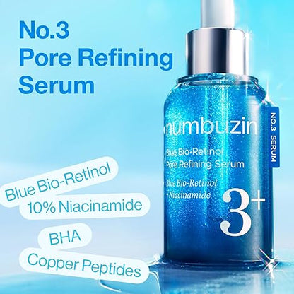 Numbuzin No.3 retinol Serum | Blue Bio-Retinol Pore Refining Serum | Retinol Beginner, Tightening, Firming, BHA, Niacinamide, Peptide | 1.01 fl.0z (30ml)