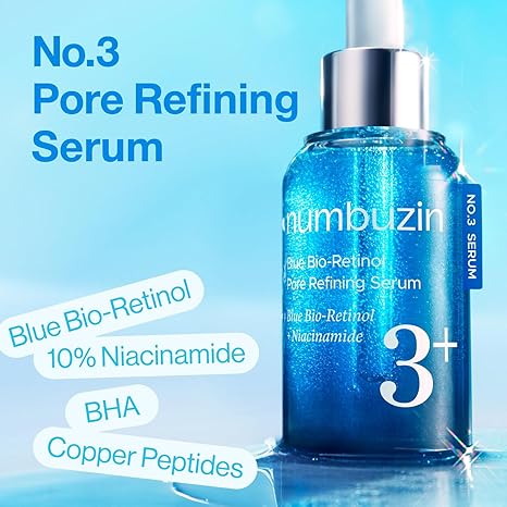 Numbuzin No.3 retinol Serum | Blue Bio-Retinol Pore Refining Serum | Retinol Beginner, Tightening, Firming, BHA, Niacinamide, Peptide | 1.01 fl.0z (30ml)