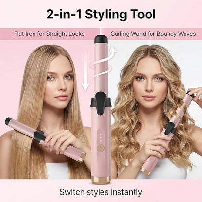 USB Rechargeable Cordless Curling Iron & Straightener 2-in-1, Mini Travel Hair Styler with Dual Temperature Settings, Ceramic Portable Curling Wand for On-The-Go Touch-Ups(Gold)