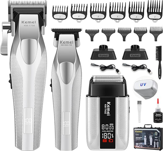 KEMEI Professional Hair Clippers for Men, Cordless Barber Clippers and Trimmers Set with Full Metal Body, Electric Foil Shavers with LED Display & Travel Case, KM-3023-702, KM-1798, KM-T402