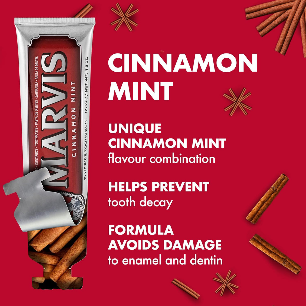 Marvis Cinnamon Mint Toothpaste, 85 ml, Sensational Flavoured Toothpaste Helps Remove Plaque & Promote Healthy Gums with Long-Lasting Freshness