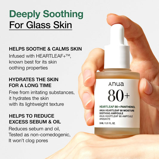 Anua Heartleaf 80 Soothing Ampoule, Hydrating Facial Serum for Glass Skin, Hyaluronic Acid, Panthenol, Lightweight, Non-Greasy Formula, Korean Skincare