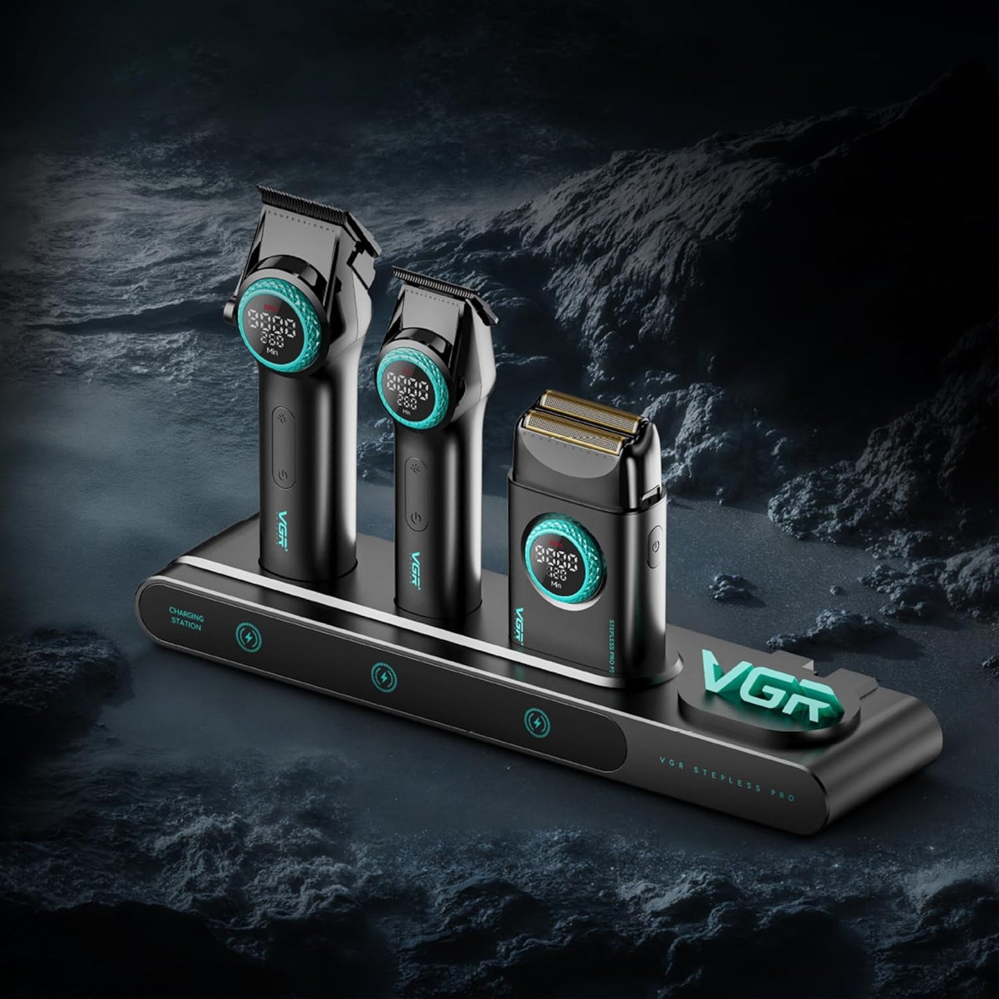 VGR 3 in 1 Professional Barber Clippers Set of Hair Clipper Trimmer Foil Shaver, Cordless Haircut Kit with Upgraded Powerful Motor, Integrated Charging Station, LED Display, Storage Box, Black