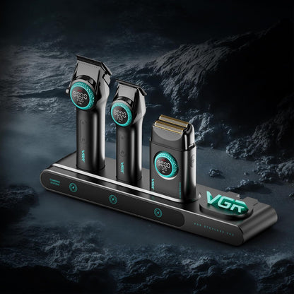 VGR 3 in 1 Professional Barber Clippers Set of Hair Clipper Trimmer Foil Shaver, Cordless Haircut Kit with Upgraded Powerful Motor, Integrated Charging Station, LED Display, Storage Box, Black