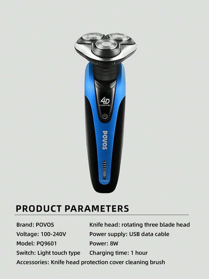 POVOS PQ9601 4D Independent Floating Head Rotary Shaver, Whole Body Washable, Men's Birthday Gift PQ9601