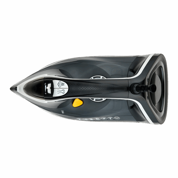 Black and silver Dorsch iron on a light gray background