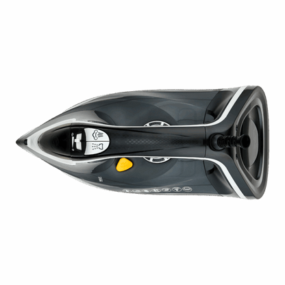 Black and silver Dorsch iron on a light gray background