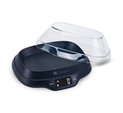 Black digital kitchen scale with a clear lid on a white background