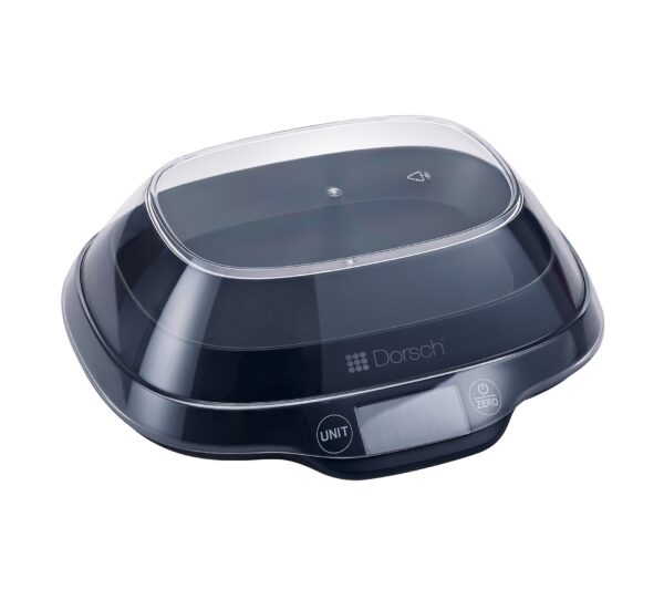 Black electronic device with a clear dome cover on a white background