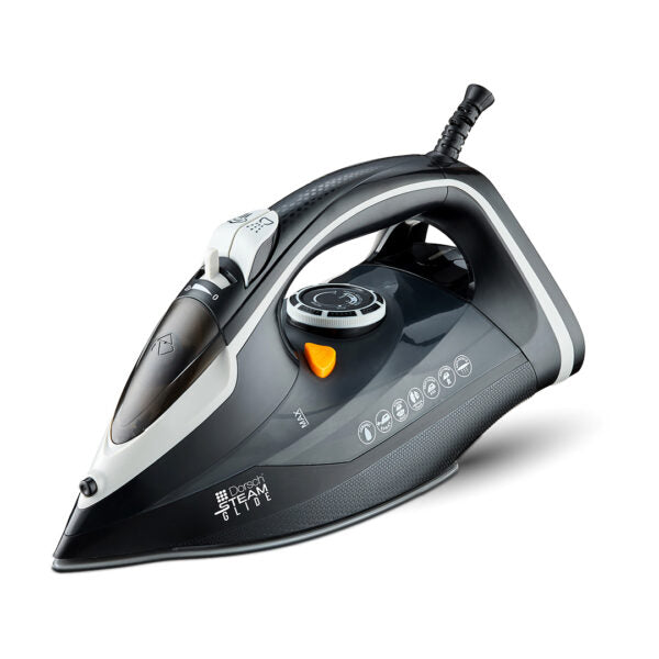 Gray and black DORSCH Steam iron on a white background