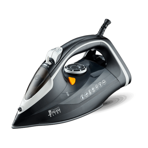 Black and silver DORSCH steam iron on a white background