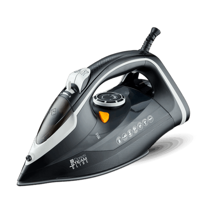 Black and silver DORSCH steam iron on a white background